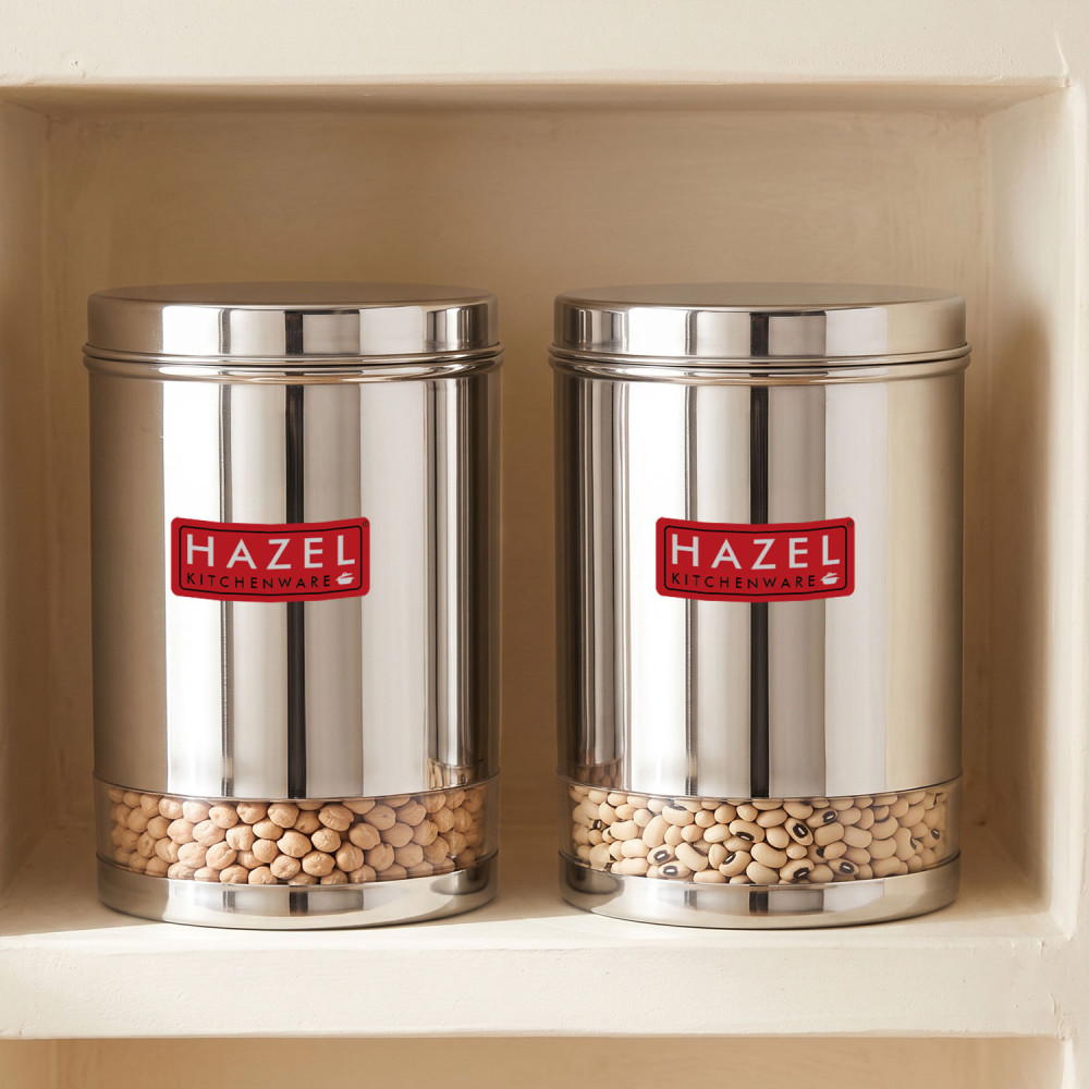 HAZEL Stainless Steel Containers Set For Kitchen Storage Transparent See Through Glossy Finish Storage Jars Dabba, Set of 2, 3000 ML Each, Silver