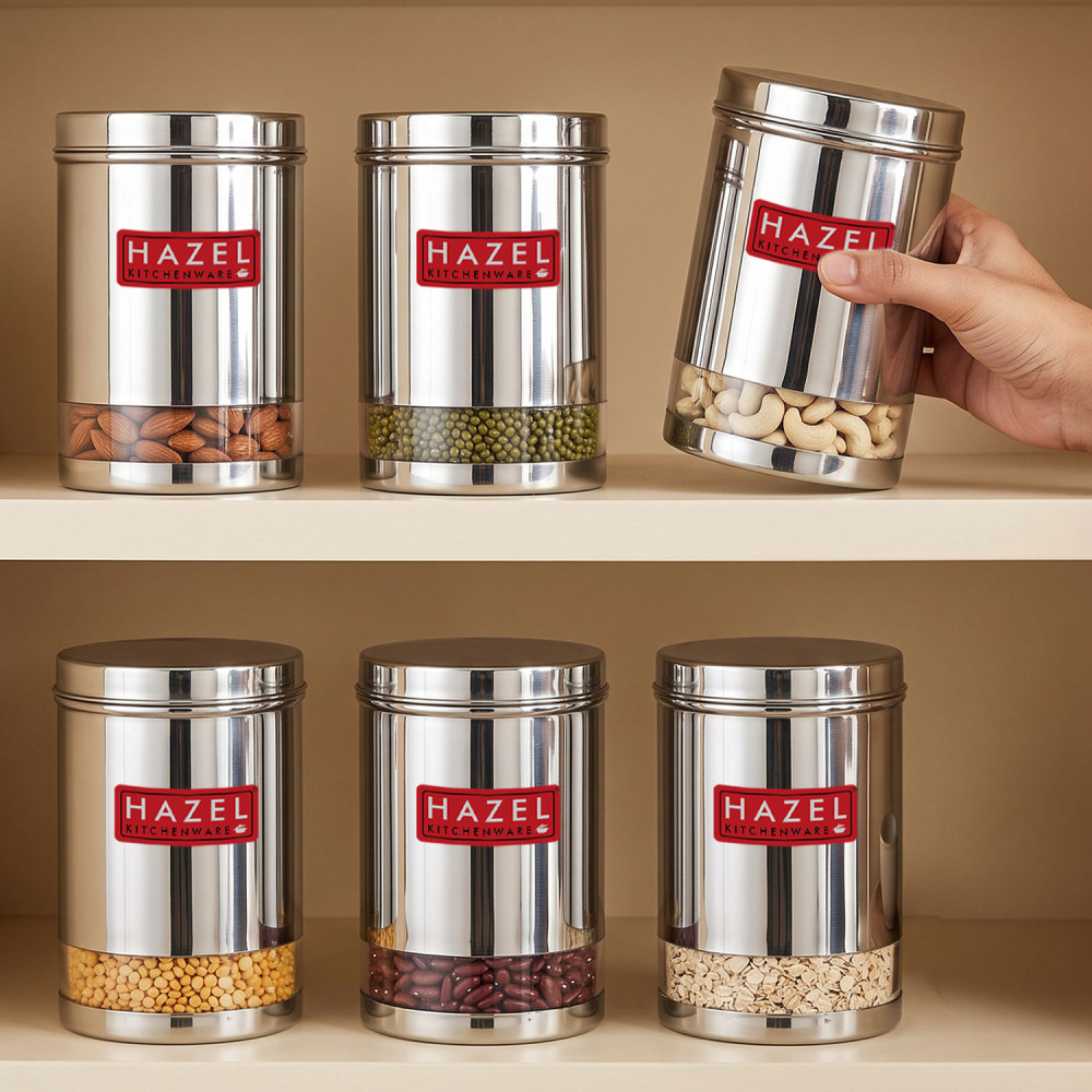 HAZEL Stainless Steel Containers Set For Kitchen Storage Transparent See Through Glossy Finish Storage Jars Dabba, Set of 6, 3000 ML Each, Silver