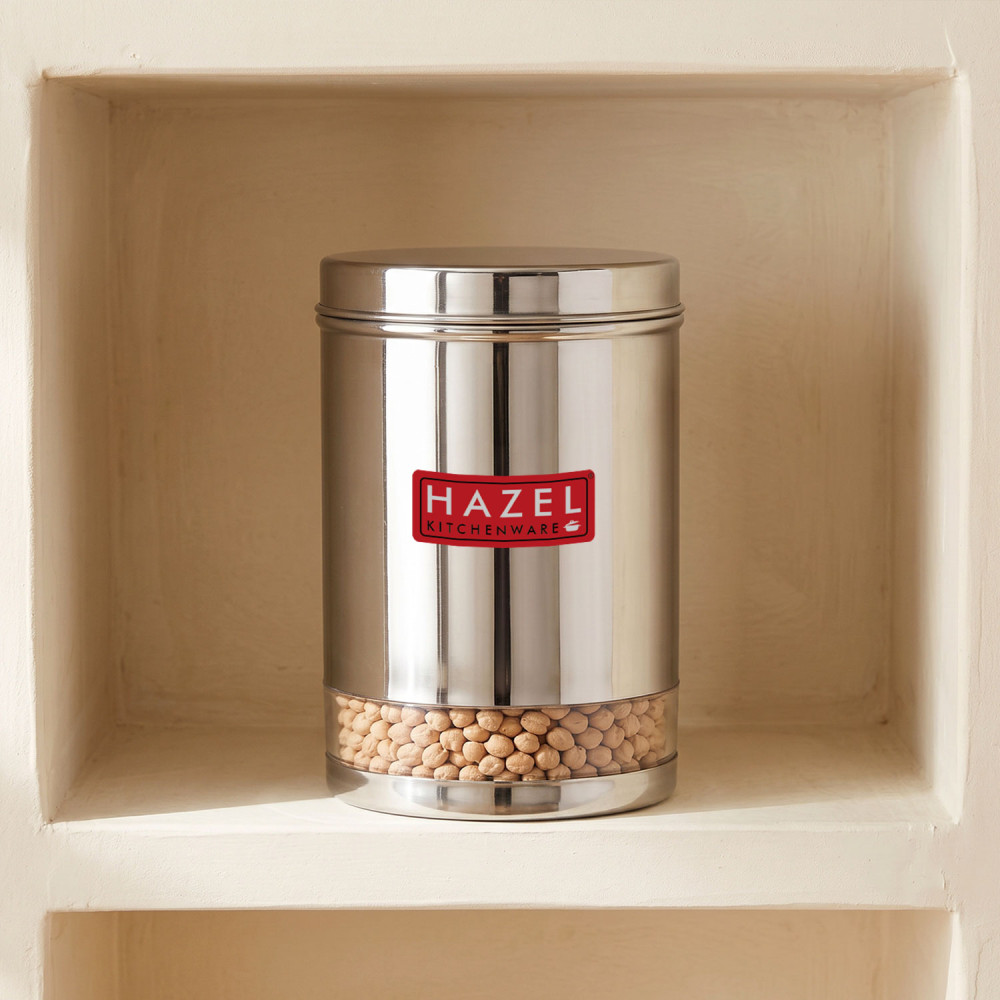 HAZEL Stainless Steel Container For Kitchen Storage Transparent See Through Glossy Finish Storage Jar Dabba, Set of 1, 3000 ML, Silver