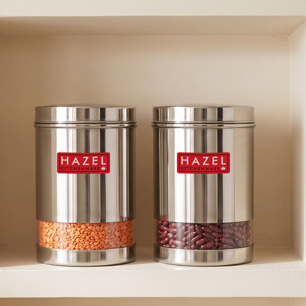 HAZEL Stainless Steel Transparent Glossy Finish See Through Container, Silver, Set of 2, 1700 Ml