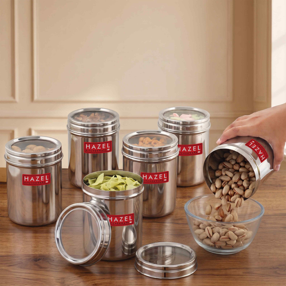 HAZEL Stainless Steel Kitchen Container with Transparent Lid | Top See Through Kitchen Container Set with Matt Finish | Multipurpose Container for Kitchen Storage, 1100 ML, Set of 6