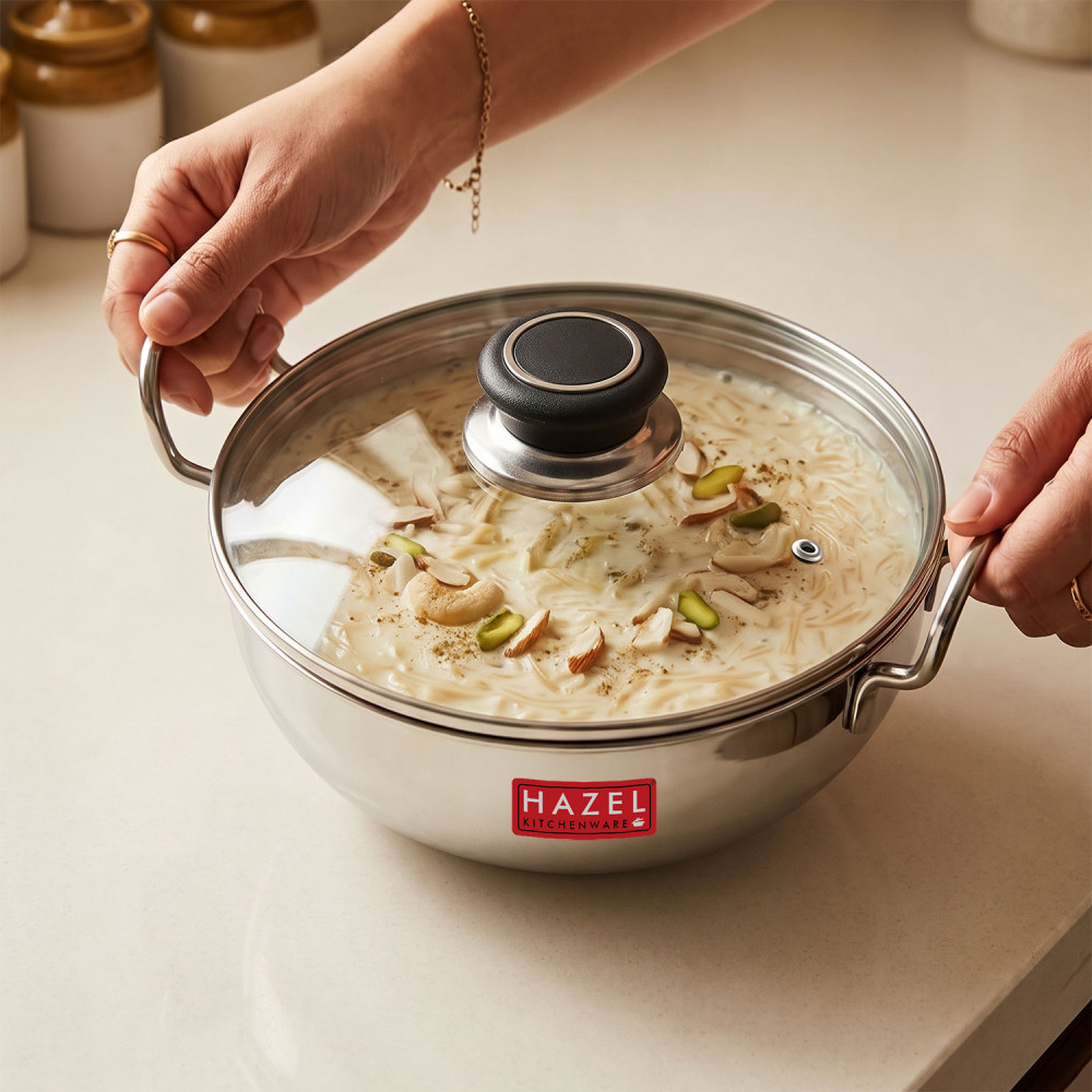 HAZEL 4 mm Aluminium Kadhai Kadai with Glass Lid | Vessels for Cooking Deep Frying Kadai, 1750 ML
