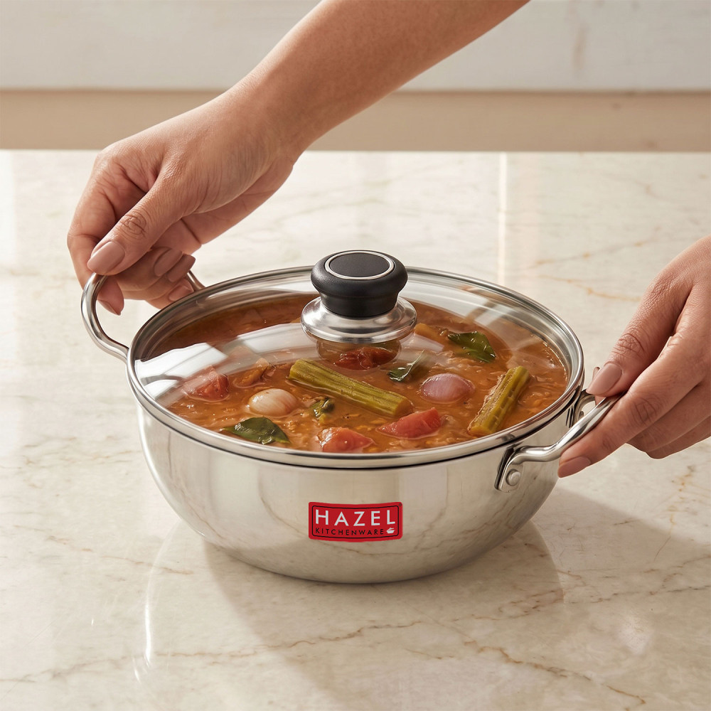 HAZEL 4 mm Aluminium Kadhai Kadai with Glass Lid | Vessels for Cooking Deep Frying Kadai, 3500 ML