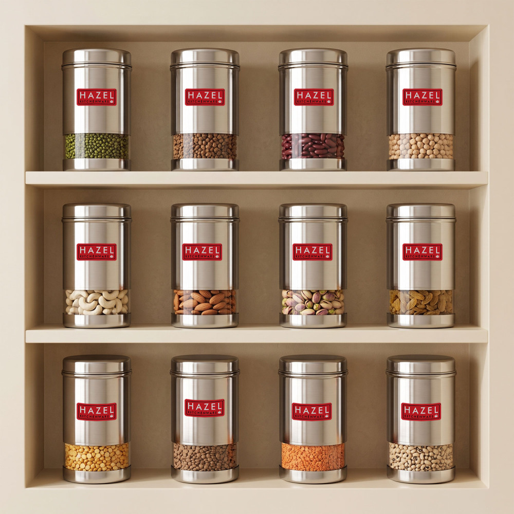 HAZEL Containers for Kitchen Storage Set | Fridge Storage Containers | See Through Stainless Steel Container for Kitchen | Modular Kitchen Containers Set of 12, 400 ML, Silver