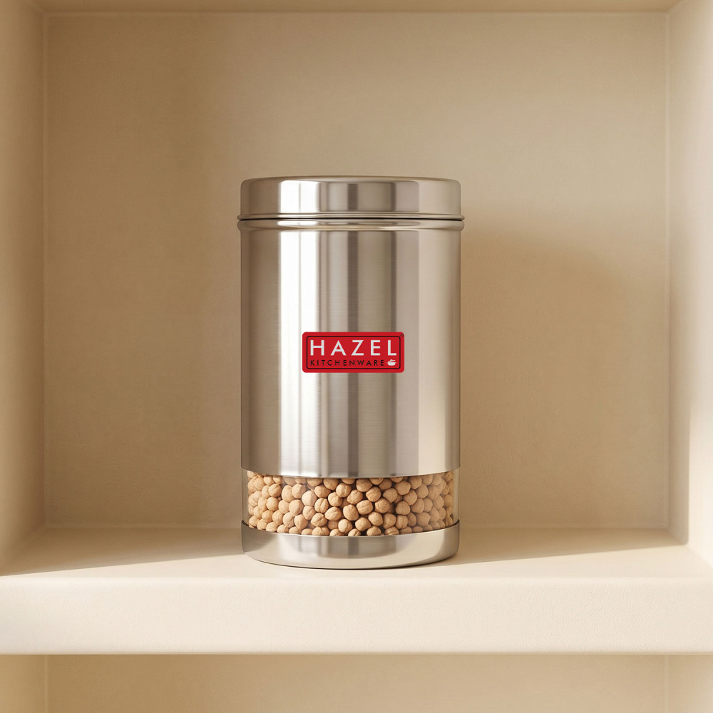 HAZEL Stainless Steel Container For Kitchen Storage Transparent See Through Glossy Finish Storage Jar Dabba, Set of 1, 2200 ML, Silver