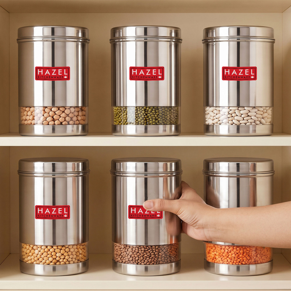 HAZEL Stainless Steel Transparent Glossy Finish See Through Container, Silver, Set of 6, 1200 Ml