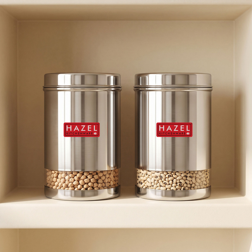 HAZEL Stainless Steel Containers Set For Kitchen Storage Transparent See Through Glossy Finish Storage Jars Dabba, Set of 2, 2200 ML Each, Silver