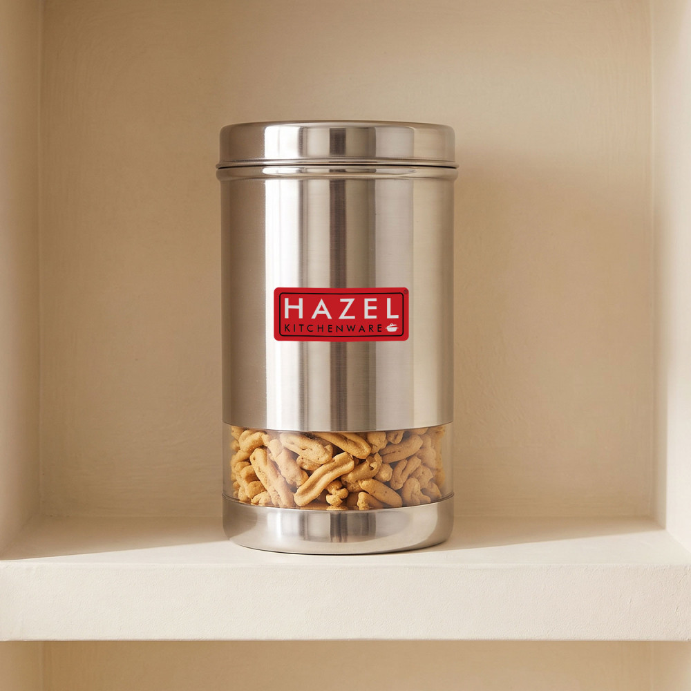 HAZEL Stainless Steel Transparent Glossy Finish See Through Container, Silver, 1 PC, 1200 Ml