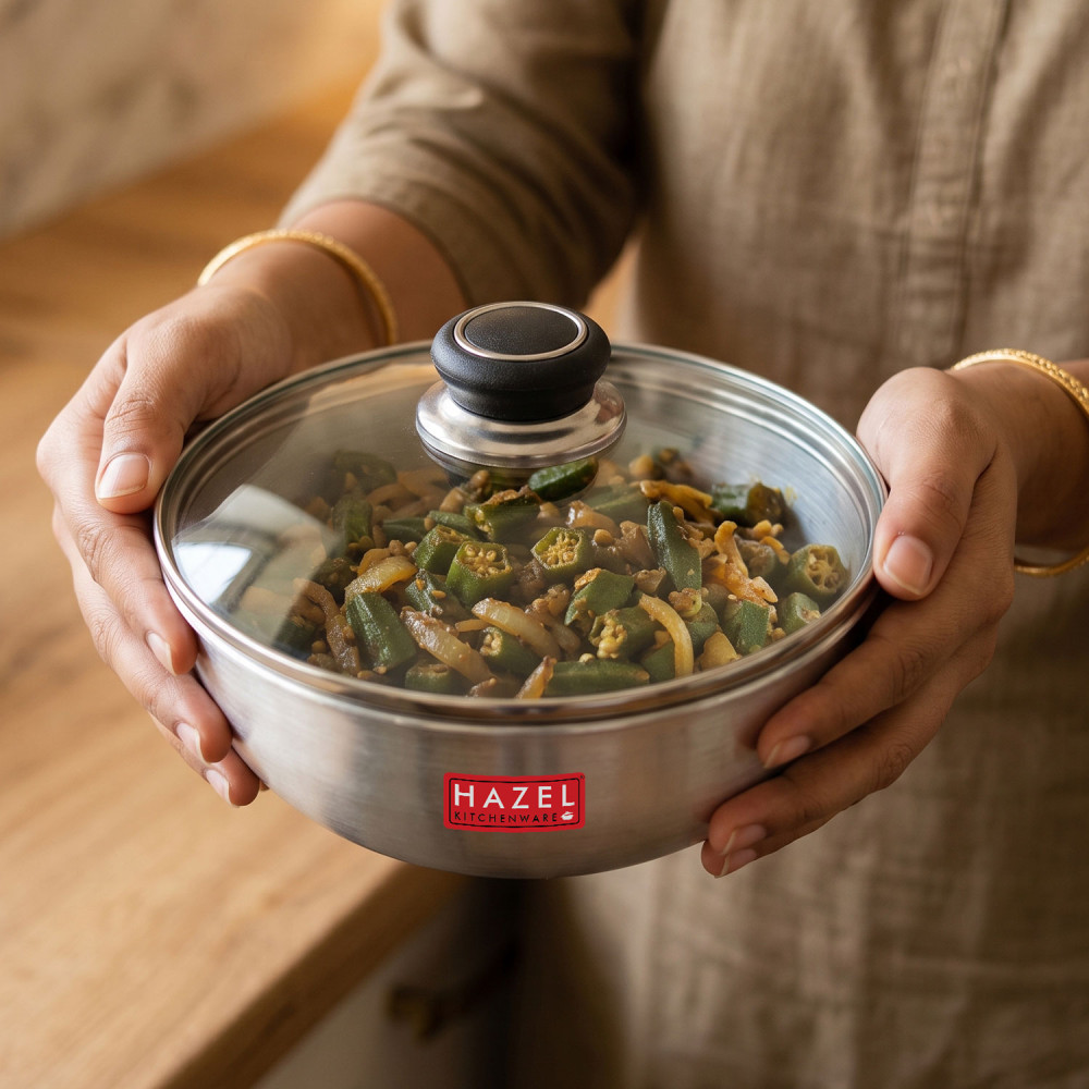HAZEL Aluminium Kadai Without Handle | Aluminium Tasra Tasla Cookware with Glass Cover Lid, 1500 ML