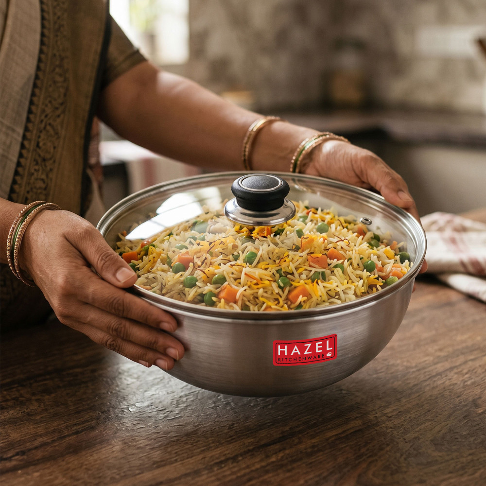 HAZEL Aluminium Kadai Without Handle | Aluminium Tasra Tasla Cookware with Glass Cover Lid, 4400 ML