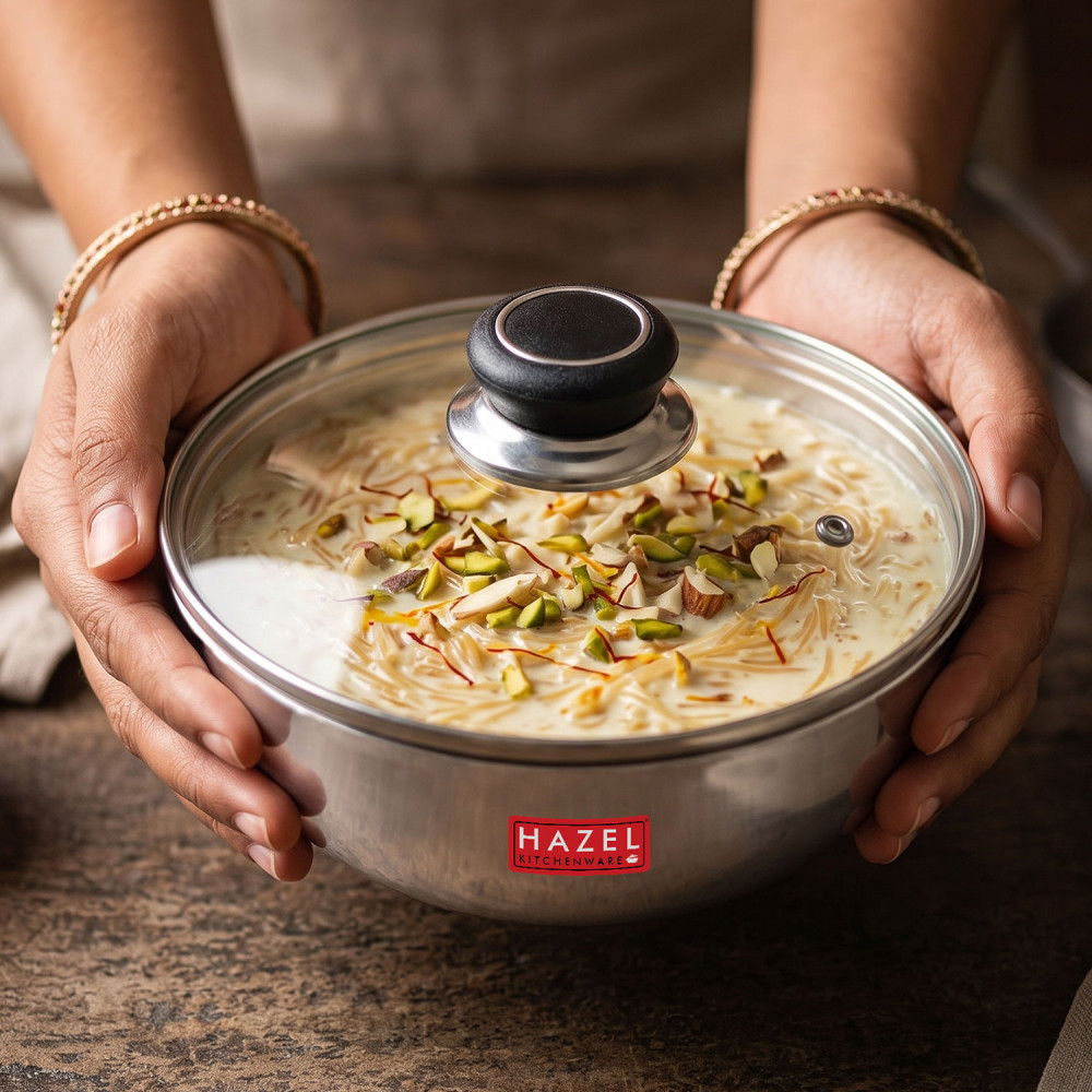 HAZEL Aluminium Kadai Without Handle | Aluminium Tasra Tasla Cookware with Glass Cover Lid, 2000 ML