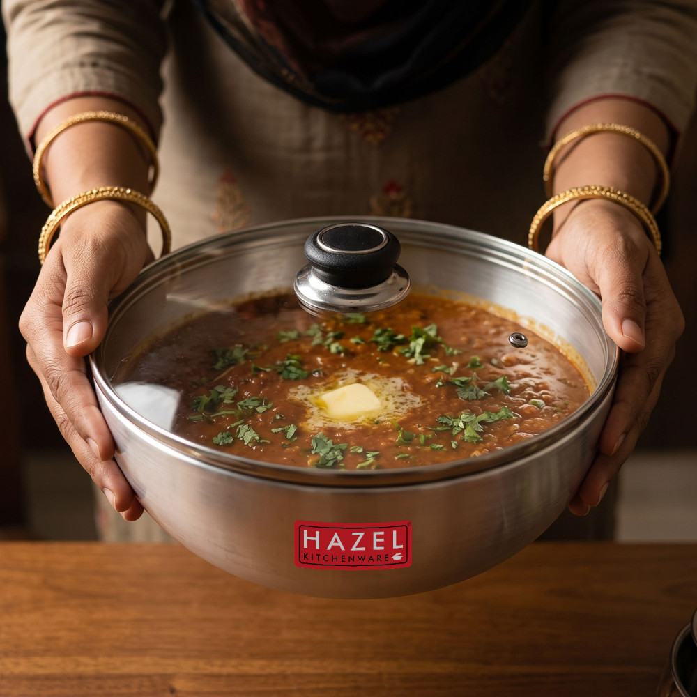 HAZEL Aluminium Kadai Without Handle | Aluminium Tasra Tasla Cookware with Glass Cover Lid, 3000 ML