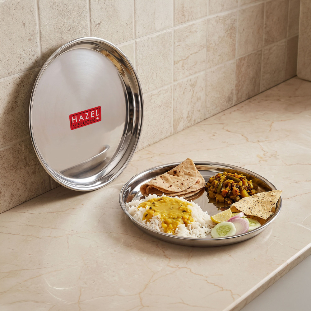 HAZEL Stainless Steel Dinner Lunch Plate Bhojan Thali, Dia 26.5 cm, Small, 2 pcs Set