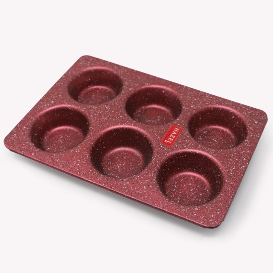 HAZEL Alfa Heavy Gauge Preimium Aluminium Granite Finish Non Stick Microwave Safe Muffin Tray, Red