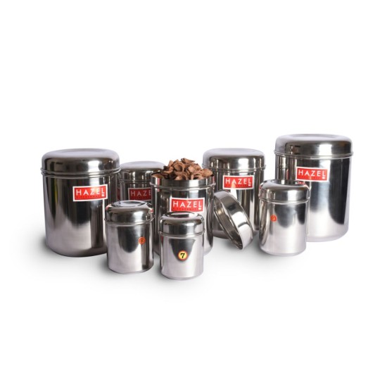 HAZEL Alfa Premium Heavy Gauge Stainless Steel Ubha Dabba Containers Set of 8 Pc (300 ml to 2.5 ltr), Silver