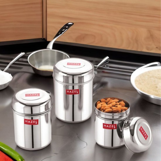 HAZEL Alfa Premium Heavy Gauge Stainless Steel Ubha Dabba Containers Set of 3 Pc (300 ml, 500 ml, 650 ml), Silver