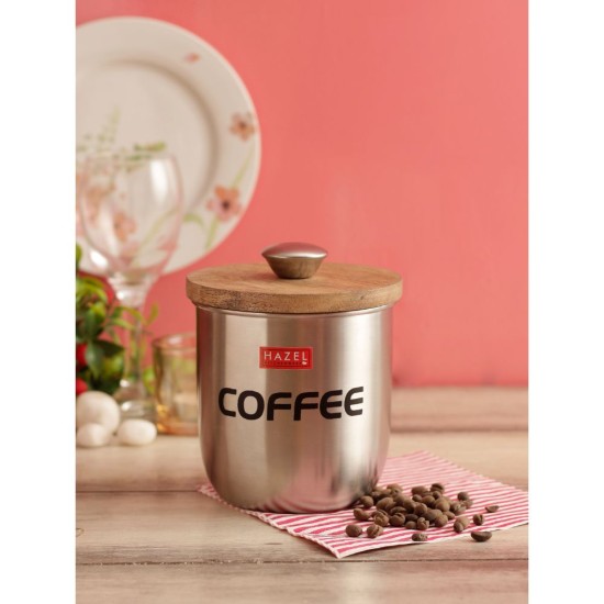HAZEL Stainless Steel Coffee Jar Storage Canister Container With Wood Lid & Knob, 1325 ML, Silver