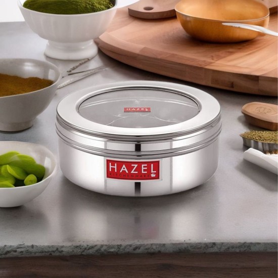 HAZEL Masala Box for Kitchen | See Through Masala Dabba | Stainless Steel Kitchen Masala Box Set of 7 Small Masala Jars | Big Steel Masala Container with Spoon