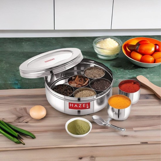 HAZEL Masala Container See Through for Kitchen | Stainless Steel Kitchen Masala Dabba | Big Steel Masala Storage Container Set of 7 Small Masala Jars and Spoon