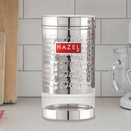 HAZEL Stainless Steel Container For Kitchen Storage Hammered Finish Transparent See Through Glossy Storage Jar Dabba, Set of 1, 1200 ML, Silver