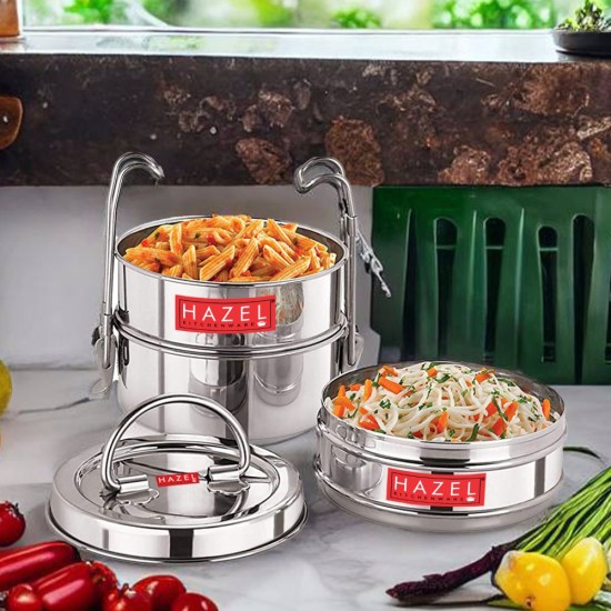 HAZEL Traditional Design Stainless Steel 3 Containers with Locking Clip Tiffin Dabba, Silver