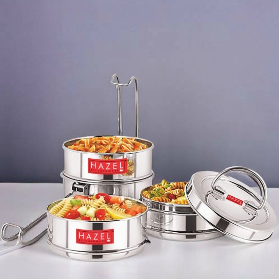 HAZEL Traditional Design Stainless Steel 4 Containers with Locking Clip Tiffin Dabba, Silver