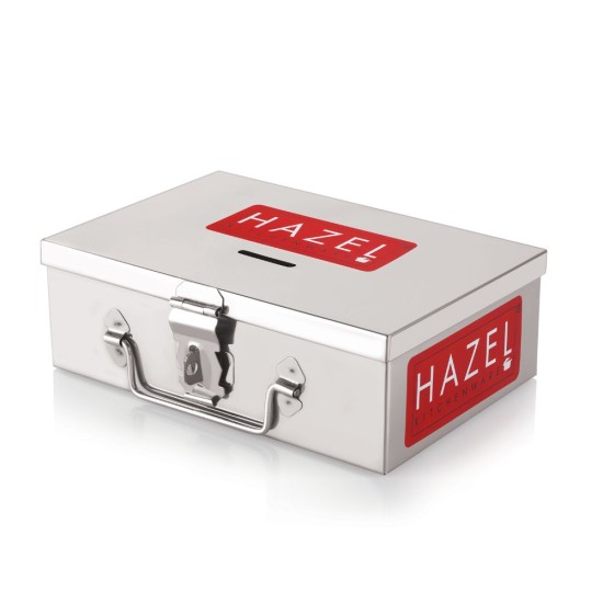 HAZEL Stainless Steel Cash Box for Shop Counter Drawer | Locking Metal Box for Cash with 4 Compartments for Adults, Large