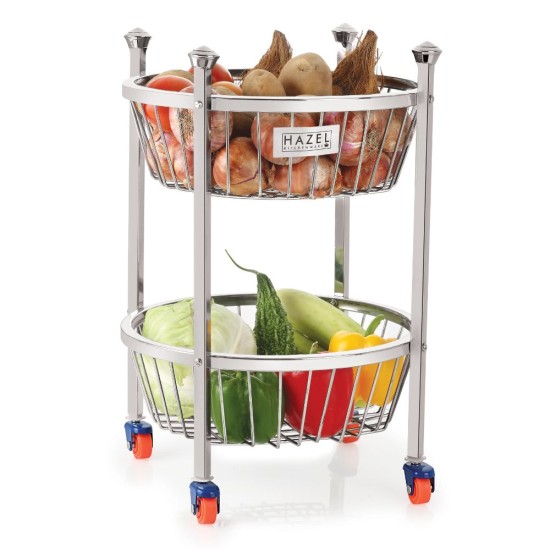 HAZEL Stainless Steel Fruit Vegetable Basket Kitchen Storage Trolley Rack Round Stand with Wheel, 2 Layer, 14.2 x 17.6 Inches