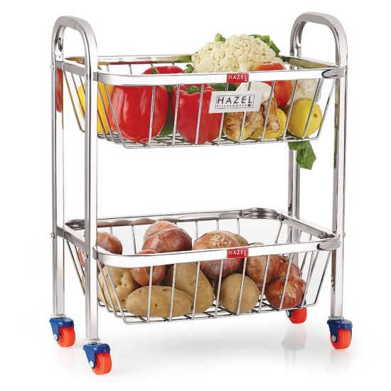 HAZEL Stainless Steel Fruit Vegetable Basket Kitchen Storage Trolley Rack Rectangle Stand with Wheel, 2 Layer, 14 x 18.4 Inches