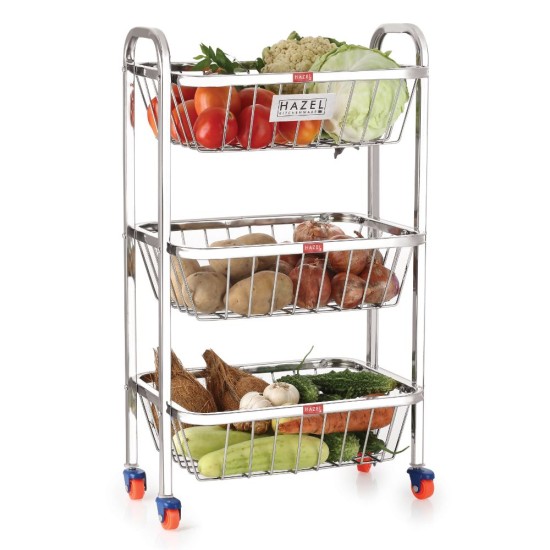 HAZEL Stainless Steel Fruit Vegetable Basket | 14 x 24.4 Inches Kitchen Storage 3 Layer | Trolley Rack Rectangle Stand with Wheels