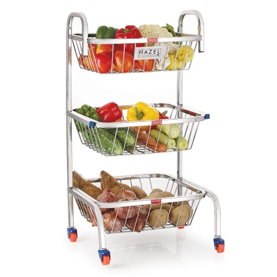 HAZEL Stainless Steel Fruit Vegetable Basket Kitchen Storage Trolley Rack Multi Shelves Stand with Wheel, 3 Layer, 26 Inches Height
