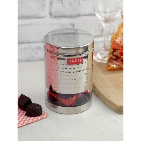HAZEL Stainless Steel Hammered Finish Transparent Glossy See Through Container, 950 ML, Silver