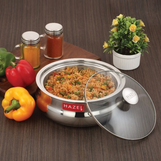 HAZEL Stainless Steel Casserole for Roti With Glass Lid | Chapati Casserole with Transparent Lid | Steel Roti Dabba for Serving | Hotcase for food serving, 2500 ML, Silver