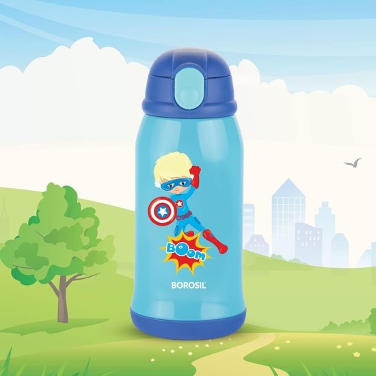 Borosil Superhero Stainless Steel Water Bottle for Kids, Insulated Double Wall Vacuum, Hot & Cold Water Bottle for Children, 500 ml, Blue