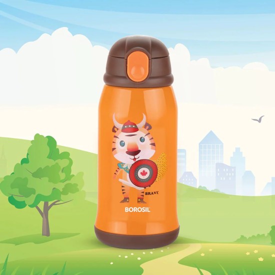 Borosil Tigry Stainless Steel Water Bottle for Kids, Insulated Double Wall Vacuum, Hot & Cold Water Bottle for Children, 500 ml, Orange