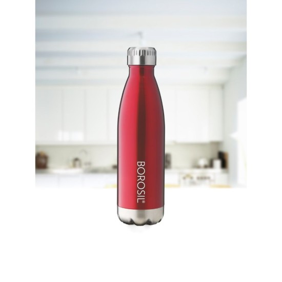 Borosil Trans Bolt Stainless Steel Vacuum Insulated Flask Water Bottle, 750 ML, Red