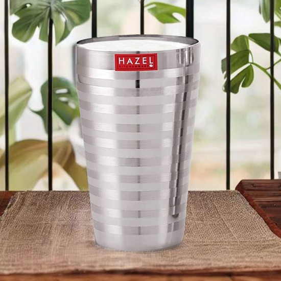 HAZEL Stainless Steel Stripped Design Traditional Shape Jumbo Water Lassi Glass, 750 ML