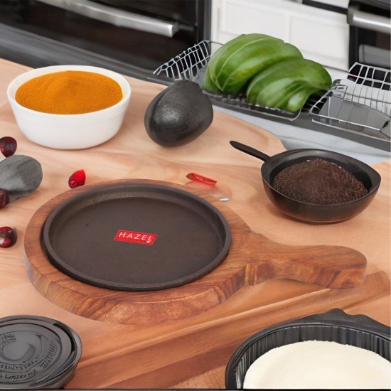 HAZEL Sizzling Brownie Sizzler Plate with Wodden Racket 7 inch Round