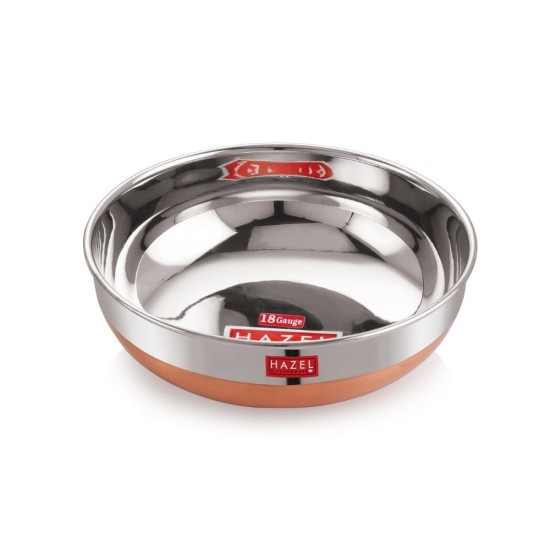 HAZEL Stainless Steel Kadai Without Handle | Copper Bottom Kadai, 1500 ml with I Premium Stainless Steel Vessels Tasra Kadai, Silver and Copper