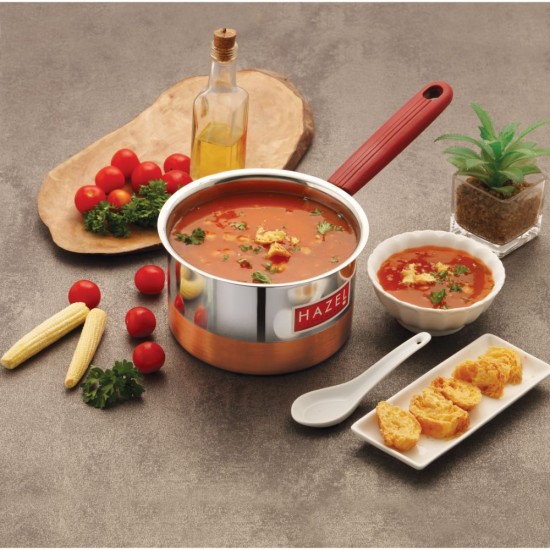 Hazel Alfa Premium Heavy Gauge Stainless Steel Flat Patila Sauce Pan Cookware with Copper Bottom (1.1 LTR), Silver & Copper