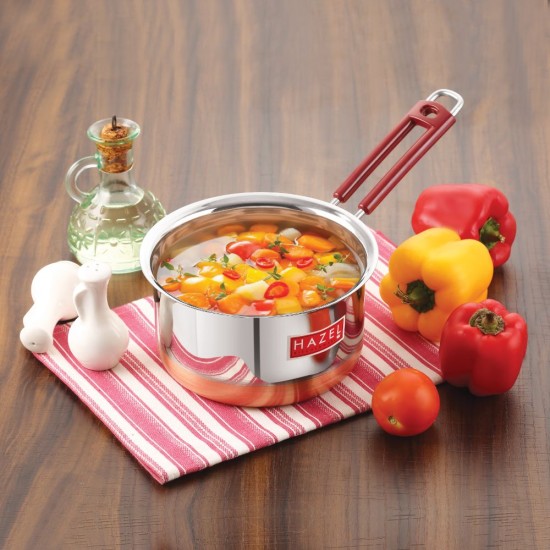 HAZEL Stainless Steel Milk Saucepan Copper Bottom Tea Pan with Fixed Rubber Grip Handle, 1900 ML, Silver