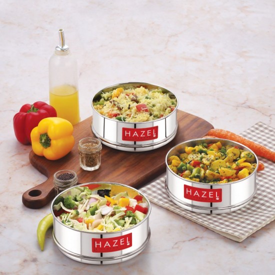 HAZEL Cooker Separator Small Size | Mini Vessel For Cooker Set Of 3, 500 Ml Each With Glossy Finish | Utensil Set Stainless Steel Cooker Dabba | Stackable Cooker Container, Silver, 3 Liter