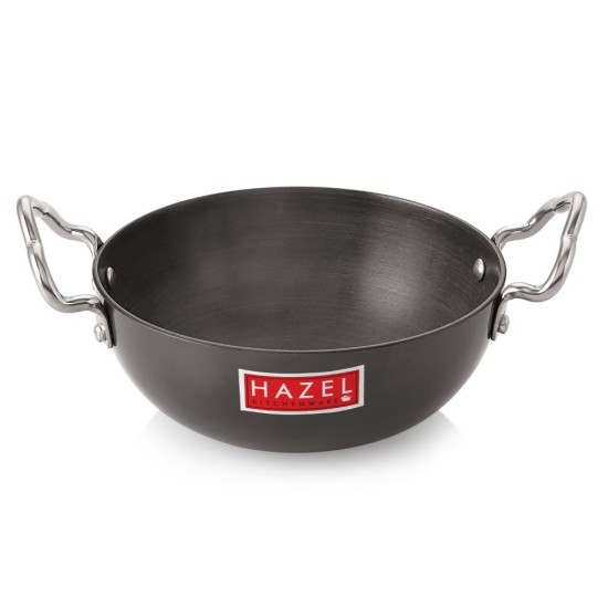 HAZEL 2.3 mm Hard Anodised Small Kadai Aluminium Anodized Frying Baby Kadhai, 450 ml, 13 cm, Black
