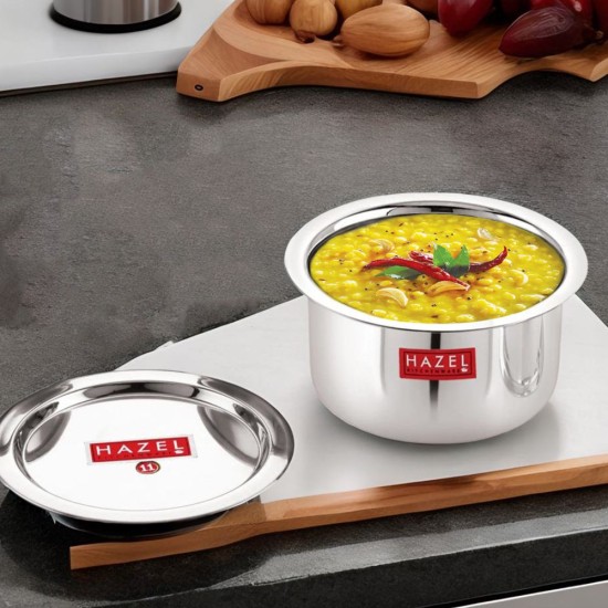 HAZEL Alfa Stainless Steel Tope Patila with Lid Premium Heavy Gauge Flat Bottom Boiling Vessels Bhagona Dekchi, 18 cm, 1.4 Litre, Silver