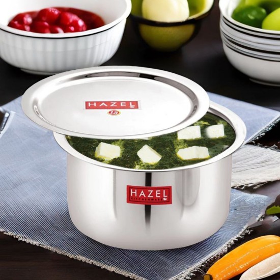 HAZEL Alfa Stainless Steel Tope Patila with Lid Premium Heavy Gauge Flat Bottom Boiling Vessels Bhagona Dekchi, 21 cm, 2.3 Litre, Silver