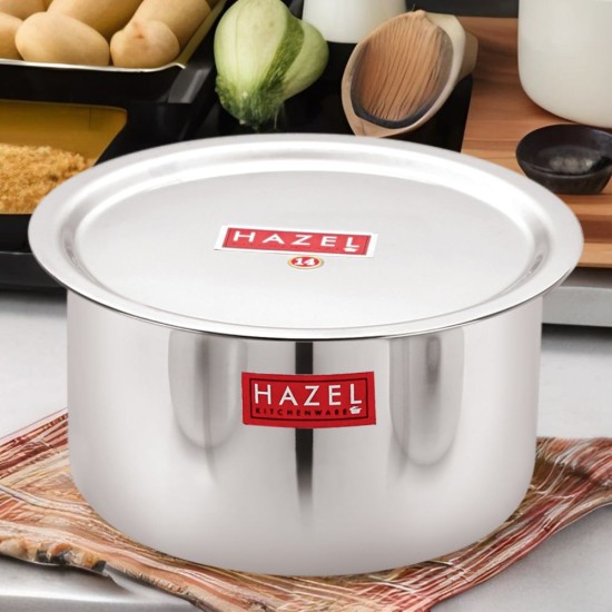HAZEL Alfa Stainless Steel Tope Patila with Lid Premium Heavy Gauge Flat Bottom Boiling Vessels Bhagona Dekchi, 22.5 cm, 2.9 Litre, Silver