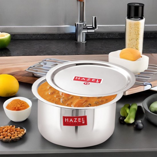 HAZEL Alfa Stainless Steel Tope Patila with Lid Premium Heavy Gauge Round Bottom Boiling Vessels Bhagona Dekchi, 19.5 cm, 1.9 Litre, Silver
