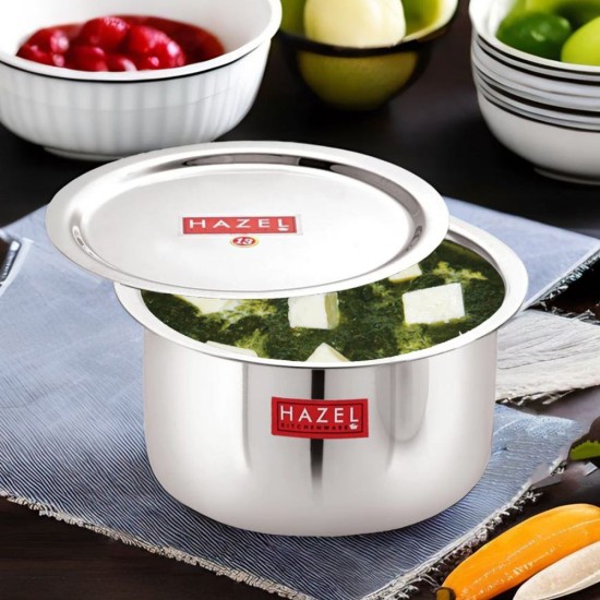 HAZEL Alfa Stainless Steel Tope Patila with Lid Premium Heavy Gauge Round Bottom Boiling Vessels Bhagona Dekchi, 21 cm, 2.4 Litre, Silver