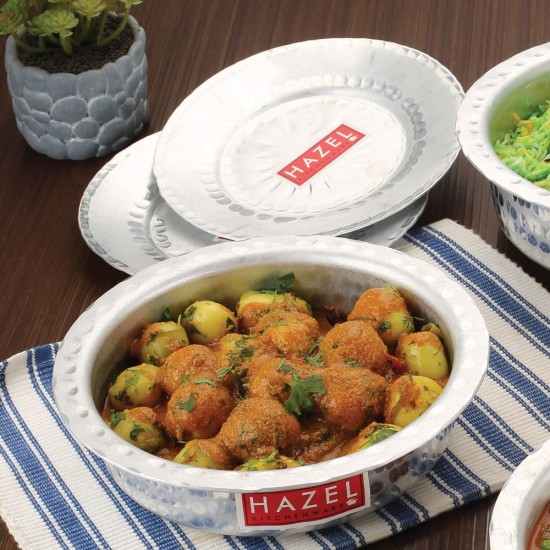 HAZEL Langdi Kitchen Ware I Aluminium Tope Set with Lid, Set of 1, 1300 ML I Round Bottom Traditional Hammered Finish I Aluminium Cookware Set, Silver