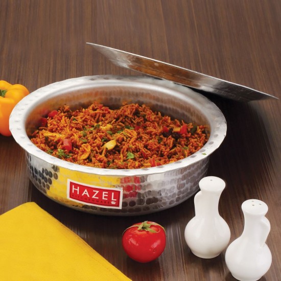 HAZEL Aluminium Langdi Patila Pot with Lid Hammered Finish Round Bottom Boiling Tope Vessels Bhagona Dekchi, 25 cm, 2100 ML